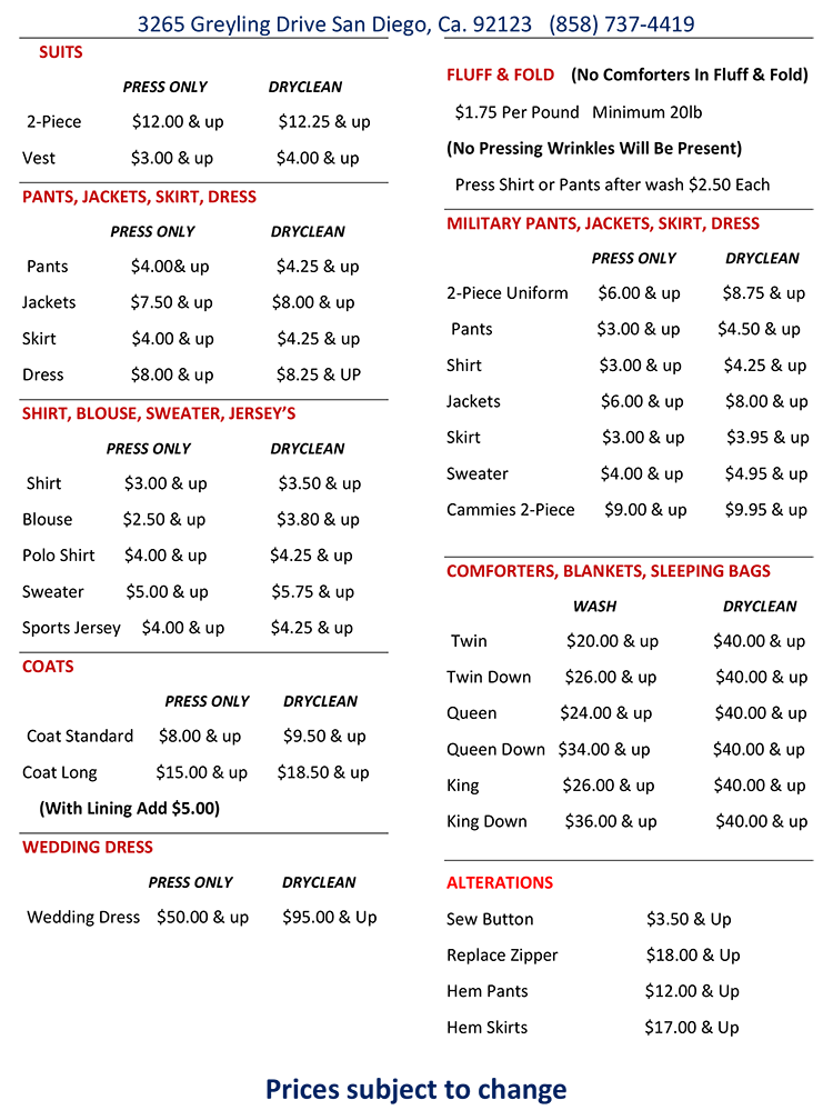 Serra Mesa Laundry & Cleaners Price List Serra Mesa Laundry & Cleaners Price List